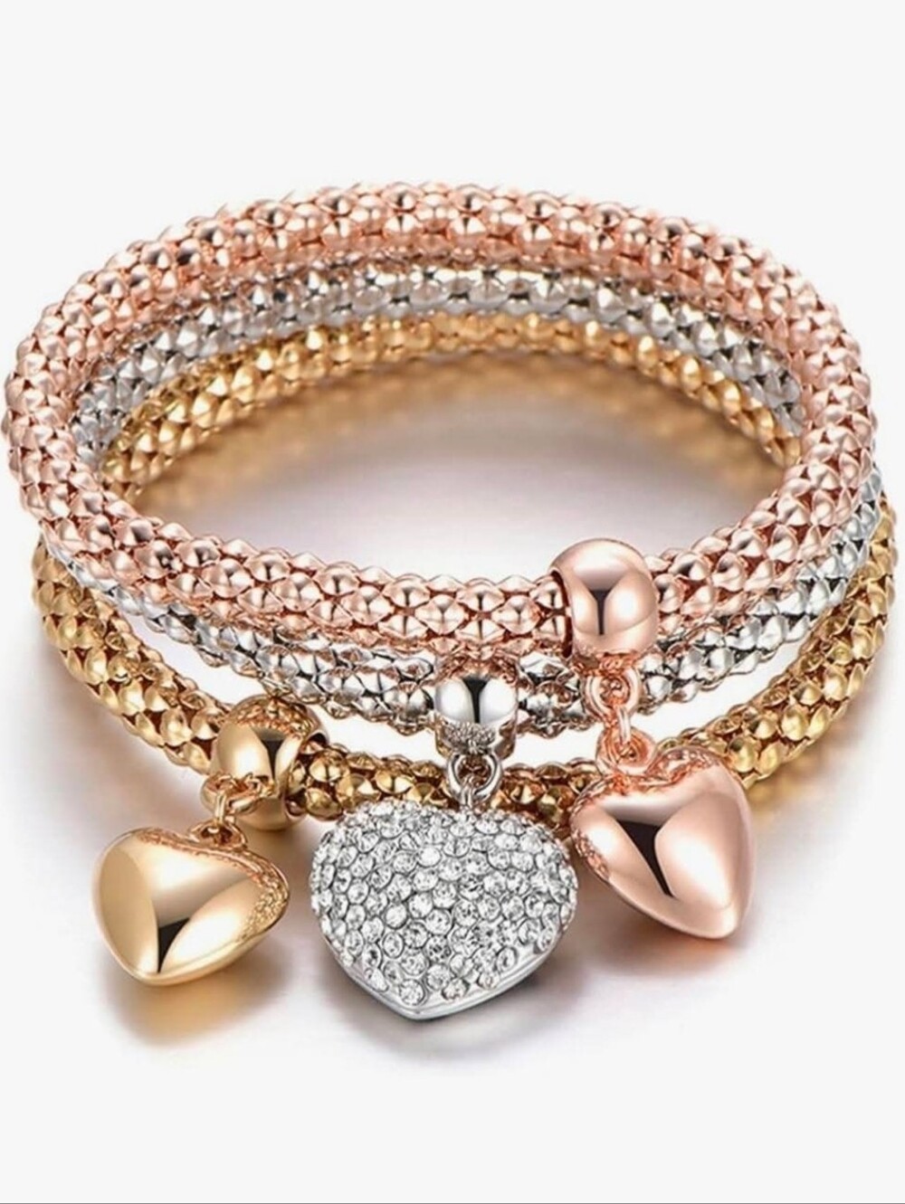 Heart Charm Stretch Bracelet Set - Rose Gold, Gold, Silver Set Of Three NWT
